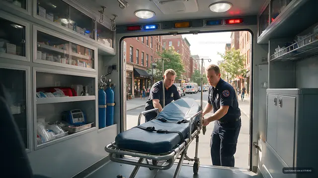 Two paramedics load a stretcher into an ambulance