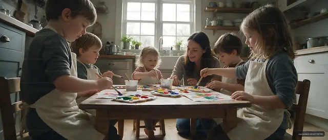 Mother and children creating art in a home kitchen