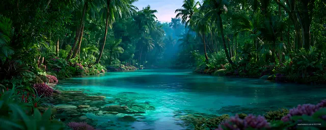 Serene tropical waterway framed by jungle greenery