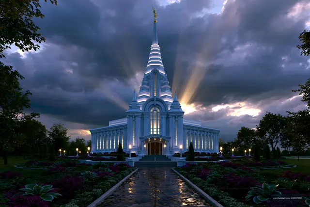Grand illuminated temple and reflective garden path