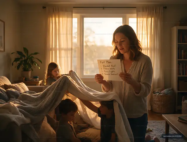 Mother and children making a cozy blanket fort