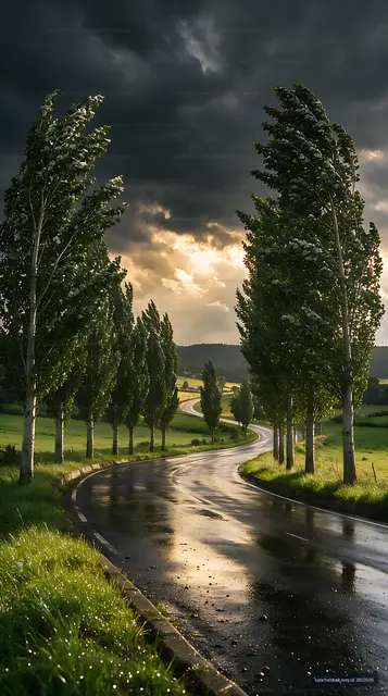 Poplar-lined country road after rain with sunlit storm clouds