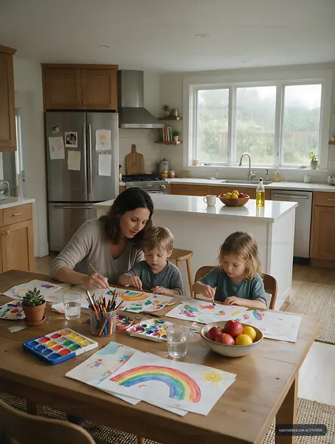 Family watercolor activity around a kitchen table