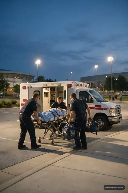 Emergency crew transferring patient to ambulance
