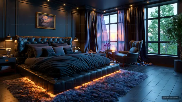 Moody luxury bedroom with tufted bed and illuminated windows