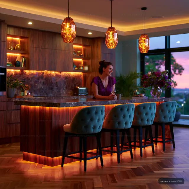 Warm modern home bar with woman at counter