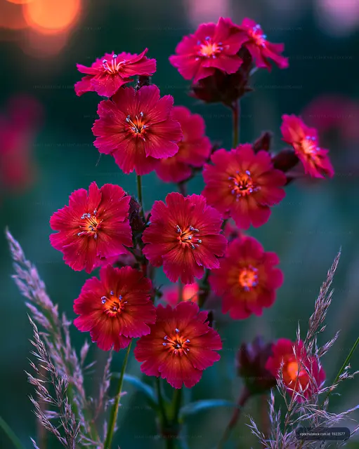 Bright red flowers with green background in evening light