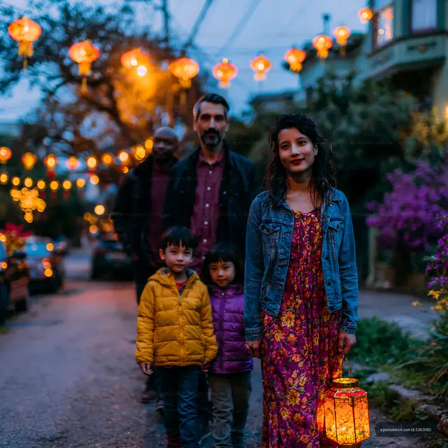 Family portrait among glowing outdoor lanterns
