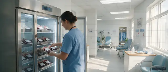 Worker retrieving blood bags from a medical refrigerator