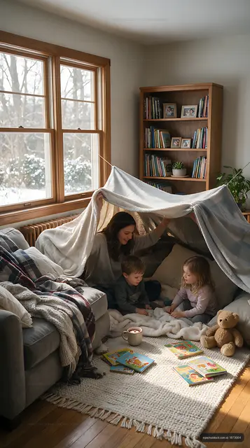 Mother and children playing inside a blanket fort