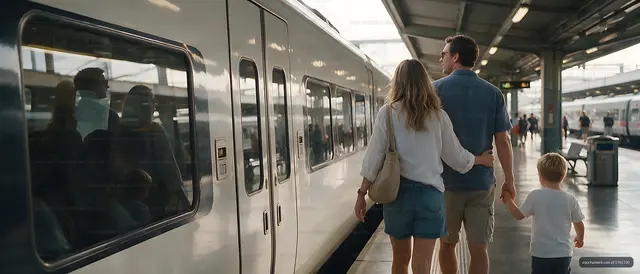 Family traveling beside a passenger train