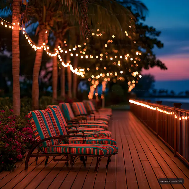 Striped chairs and string lights on a waterfront deck