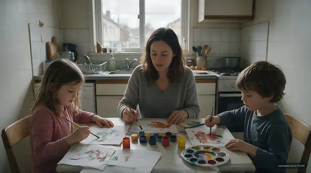 Mother and children creating art in the kitchen