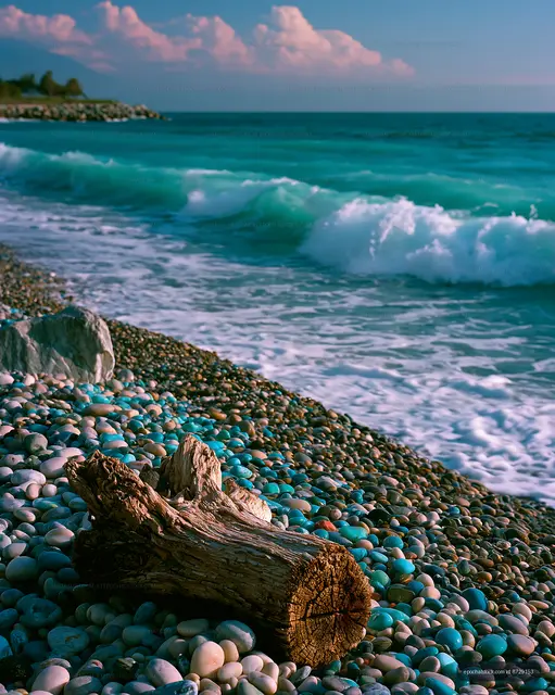 Colorful pebble shore with driftwood and foaming sea waves