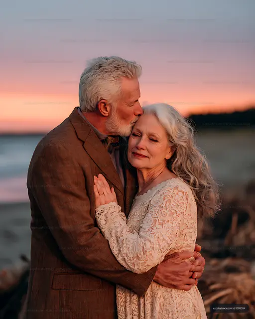 Tender senior couple portrait beside the sea at sunset