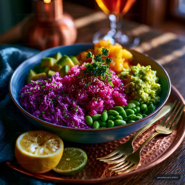Bright plant-based bowl with colorful vegetables and herbs