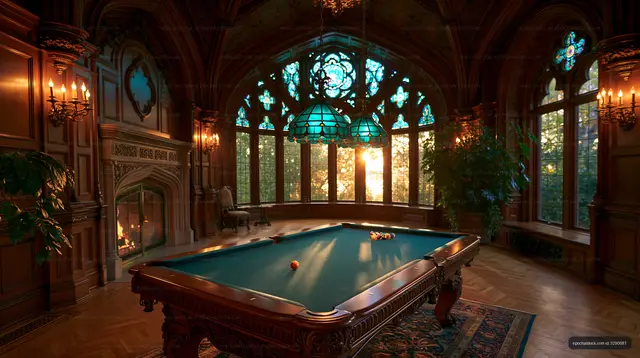 Luxury billiards room with stained glass and fireplace