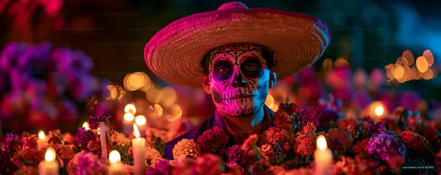 Colorful portrait of person wearing skeleton makeup and sombrero