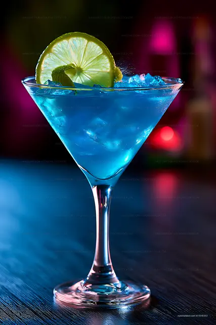 Blue cocktail in glass with lime slice and ice