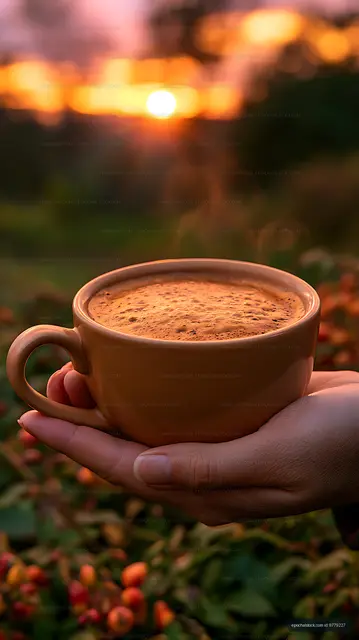 Warm Coffee in a Hand at Golden Hour
