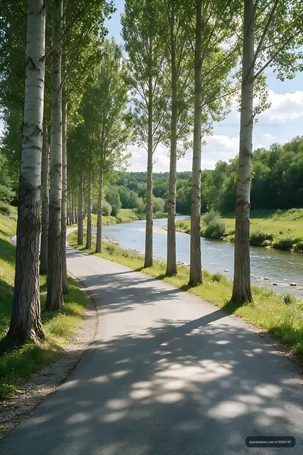 Poplar-lined road beside a river in green countryside