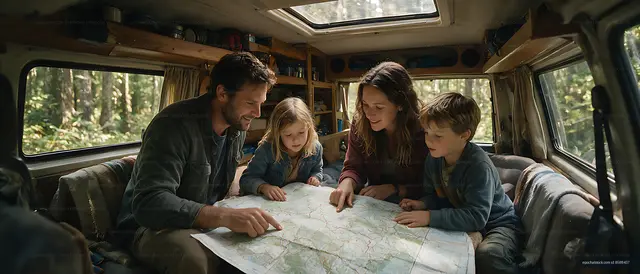 Family of four planning travel inside camper van