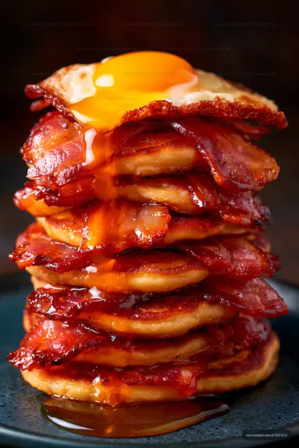 Tall stack of bacon pancakes topped with egg