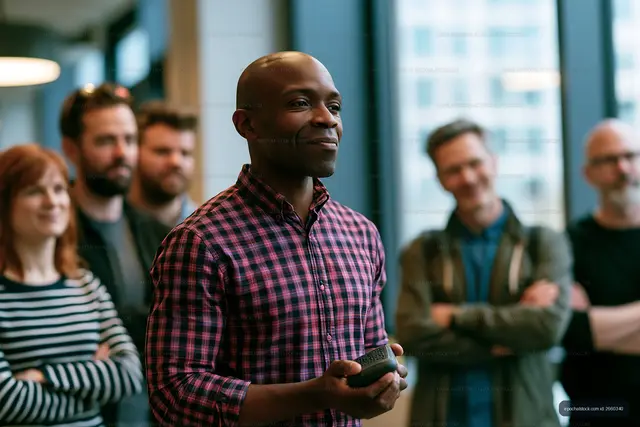 Office meeting with man holding a presentation remote