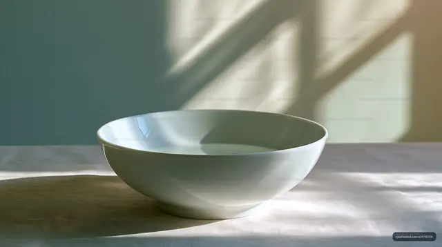 Empty ceramic bowl on a sunlit table