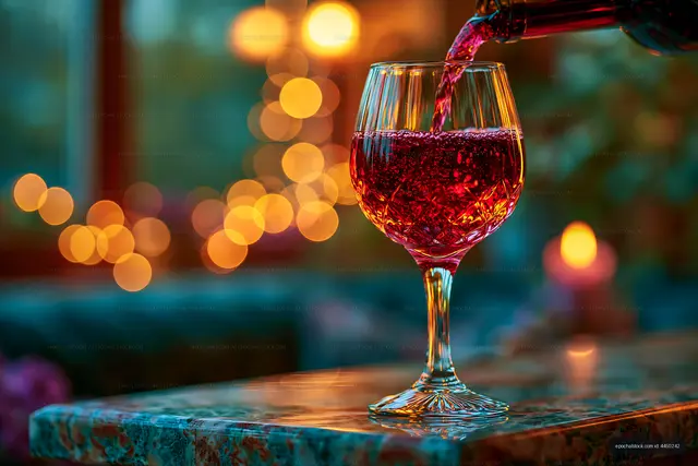 Crystal glass filling with red wine
