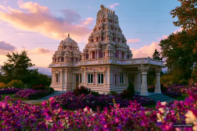 Ornate temple and vibrant flowers beneath a sunset sky