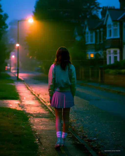 Back view of a person walking through a rainy neighborhood