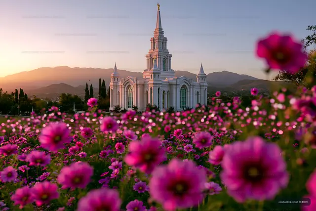 White temple framed by blossoms and mountains