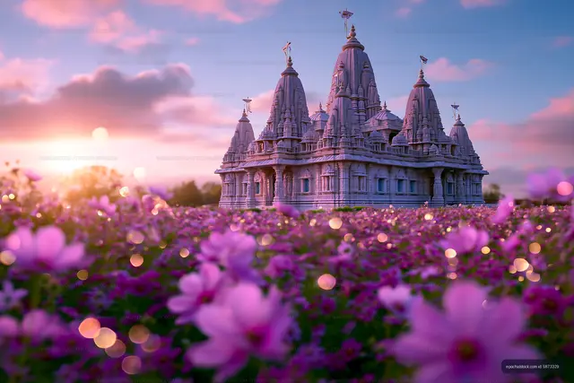 Ornate temple and colorful flowers under a pastel sunset sky