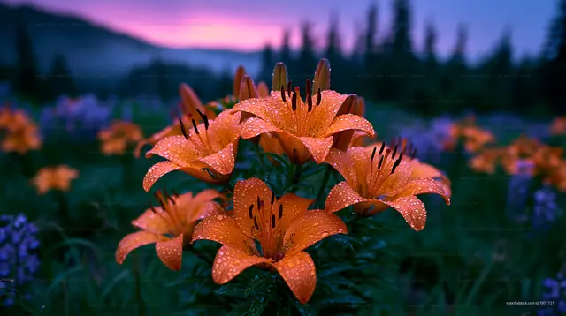 Orange lily blossoms with raindrops at twilight