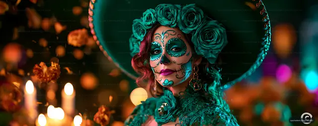 Teal sugar skull portrait with floral crown and candlelight