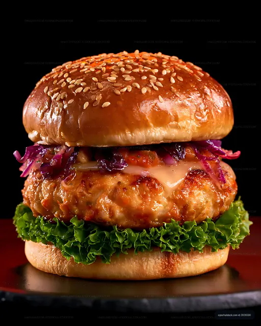 Layered sesame burger with lettuce, cheese, cabbage, and sauce