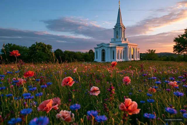 White steepled church overlooking a flower-filled meadow