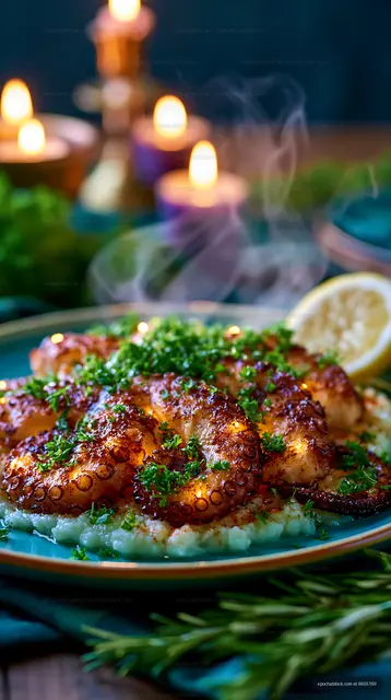 Candlelit plated octopus with parsley and lemon