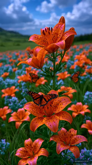 Vibrant orange lilies and butterfly after rain
