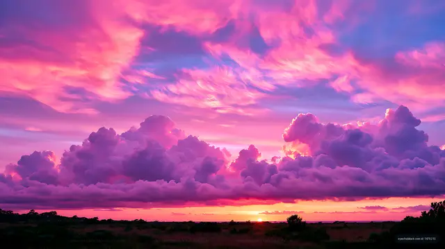 Pink and purple cloudscape at sunset over the coast