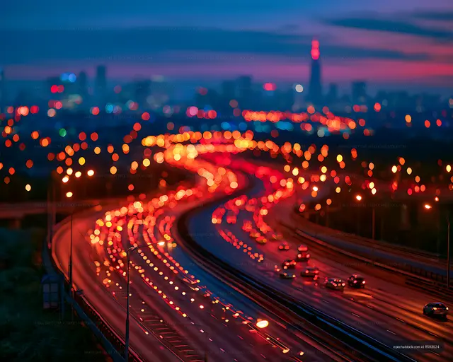 Winding highway glowing with traffic at twilight