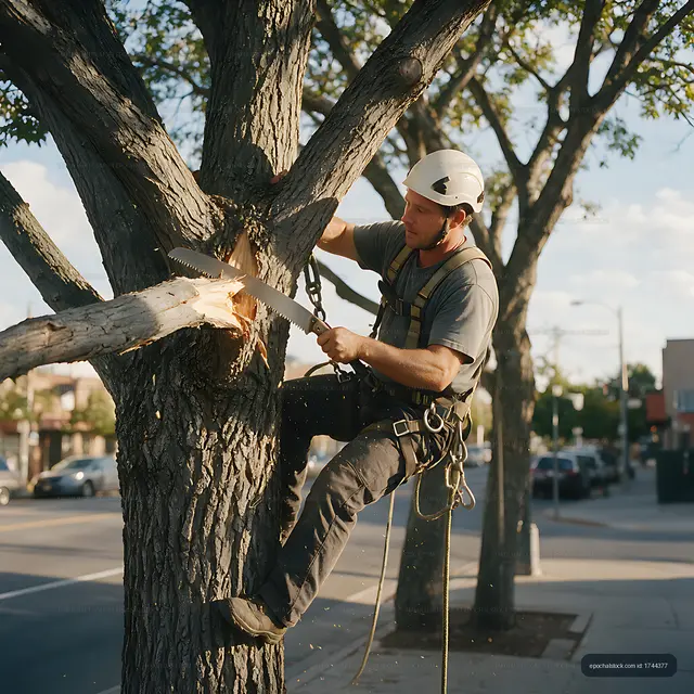 Tree worker cutting a branch with a hand saw