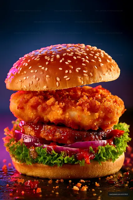 Dramatic close-up of a crispy chicken burger
