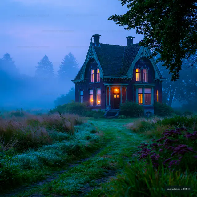 Misty Victorian-style home illuminated at blue hour