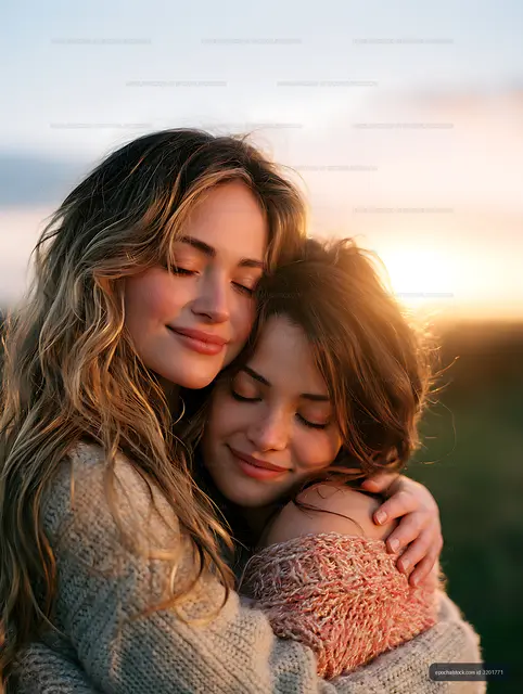 Tender embrace between two women at sunset