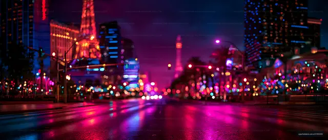 Vibrant blurred urban street lights reflected after rain