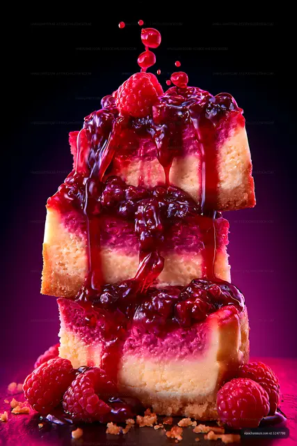 Raspberry bars covered in glossy red berry sauce