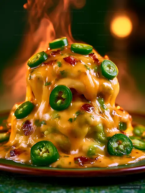 Spicy melted cheese dish with jalapeño garnish