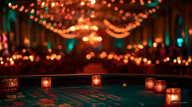 Casino table surrounded by candles and colorful bokeh